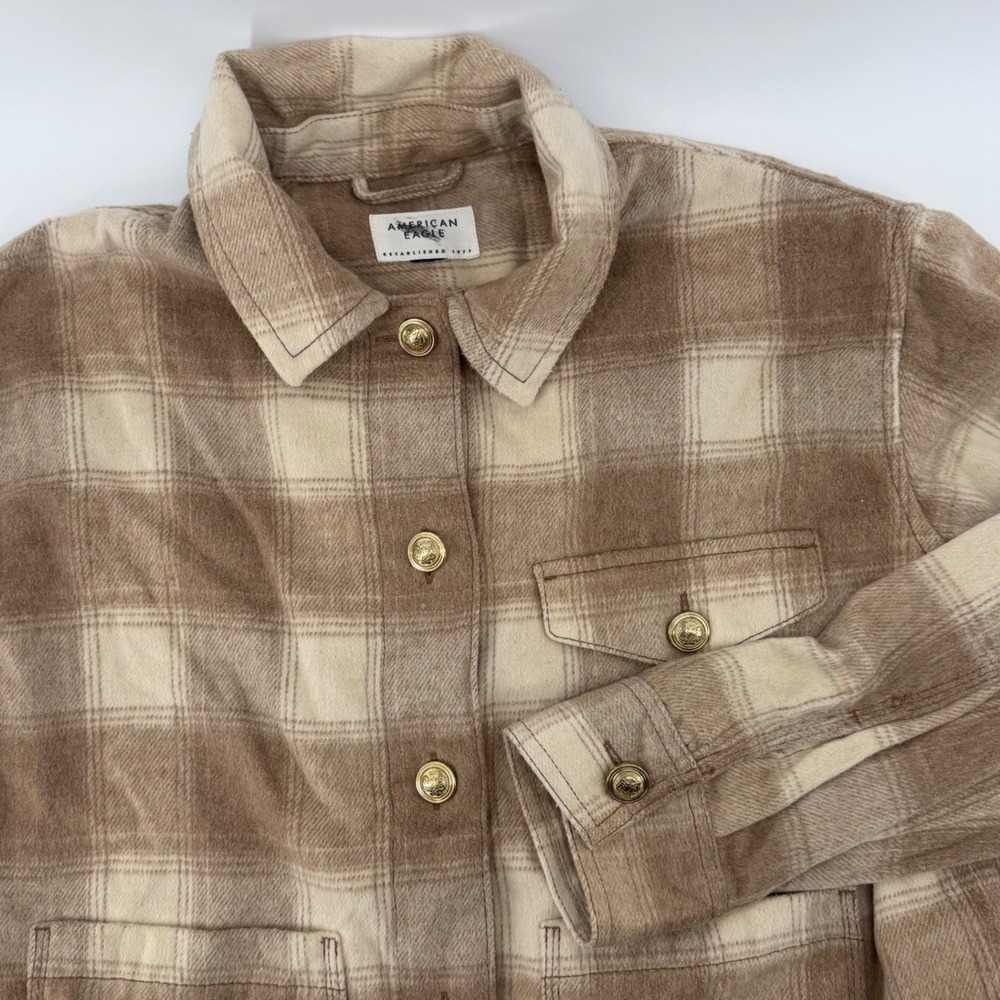 American Eagle Plaid Flannel Shacket Tan Cream Button Front Women Small